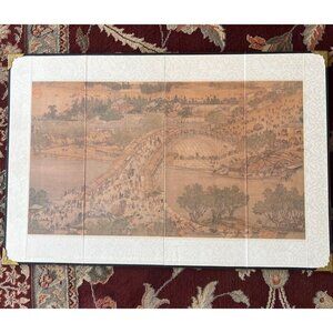 4 Panel Byobu Japanese Folding Mini Screen Village River Bridge Scene 21” X 14”